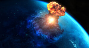 En kärnvapenexplosion eller asteriodnedslag på jorden skapar ett svampmoln. Svampmolnet syns från rymden.