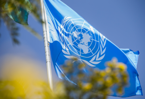 FNs flagga mot en blå himmel.