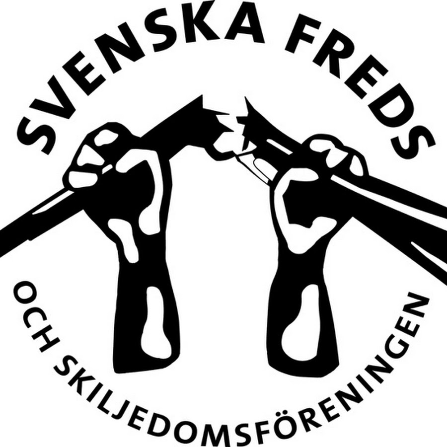 Föreningen Svenska Freds logga. En svart-vit logga som illustrerar två händer som bryter ett vapen